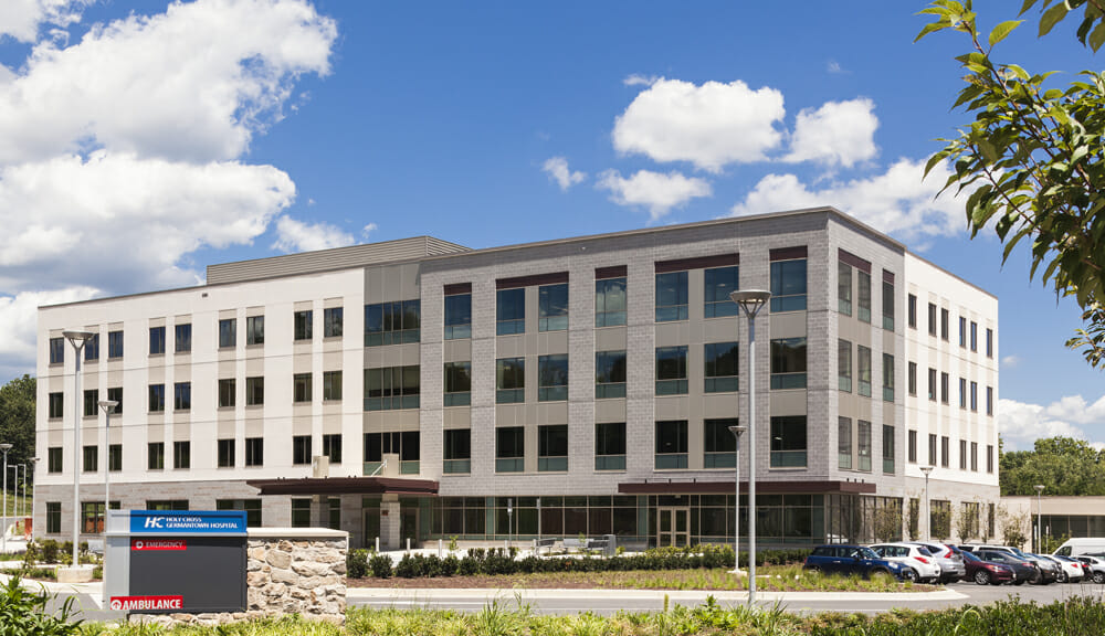 Exterior of the four-story, 80,000 square foot Holy Cross Germantown Hospital