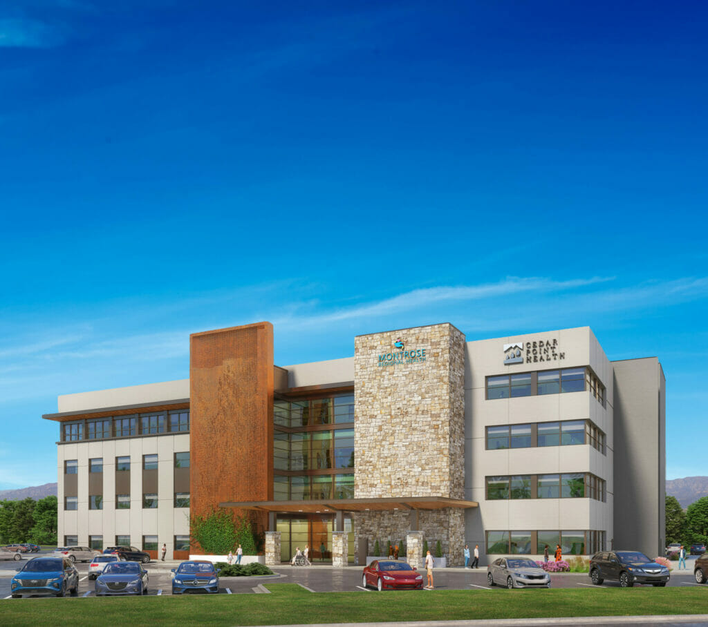 Exterior rendering of a four story building with mixed finishes on exterior of building.