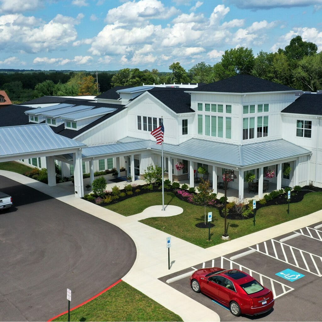 Aerial view of exterior front entrance of Heritage Crossing