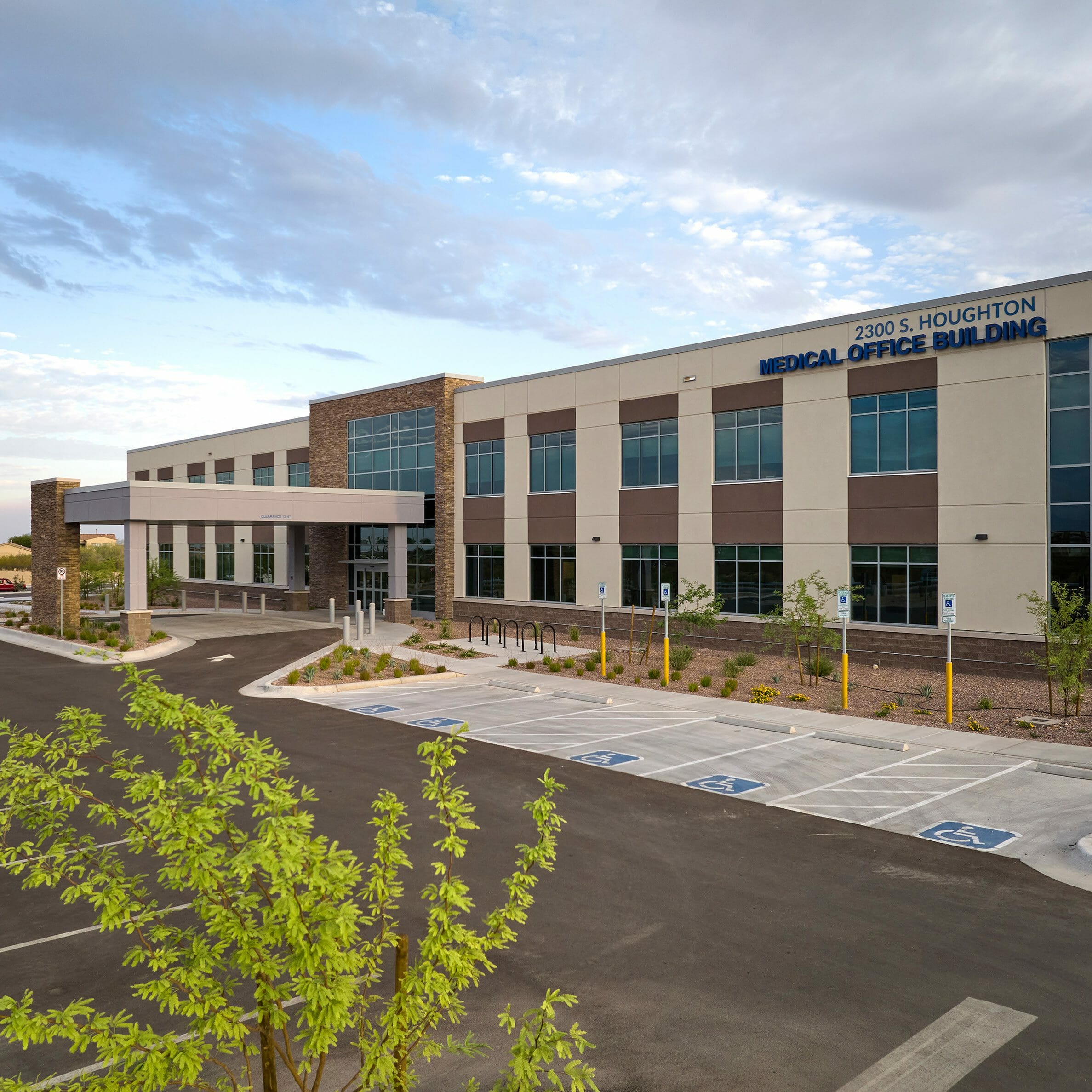 Exterior view of Hougton medical office building with area you can drop off people at the front door