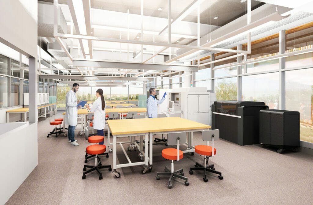 Interior rendering of Scientists with lab coats in a lab with red accented colored chairs, light wood tables and grey paint.