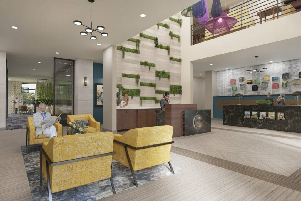 Rendering of The Gallery at Spokane's lobby with yellow chairs, light wood floors, and a wall of stone and greenery behind the front desk and colorful chandeliers over it