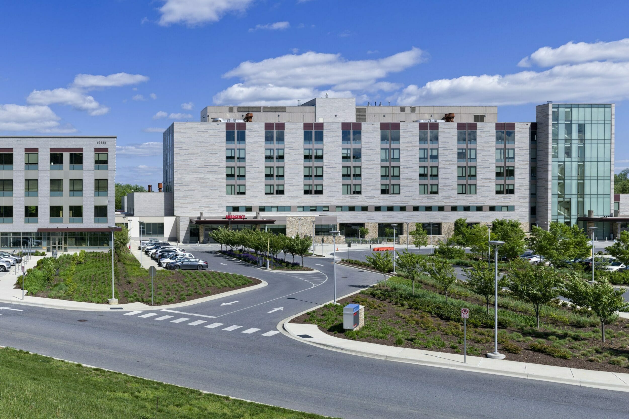 Exterior panoramic view of medical office building connecting to Holy Cross Germantown hospital